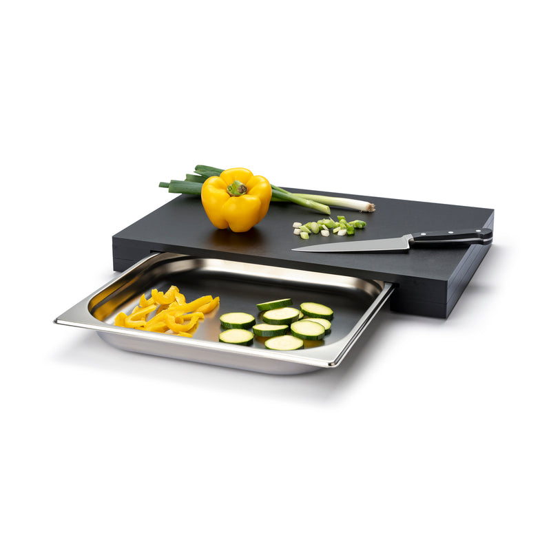 Schneidebrett mit Edelstahl-Schublade, Duracore schwarz 48x32,5x5 cm