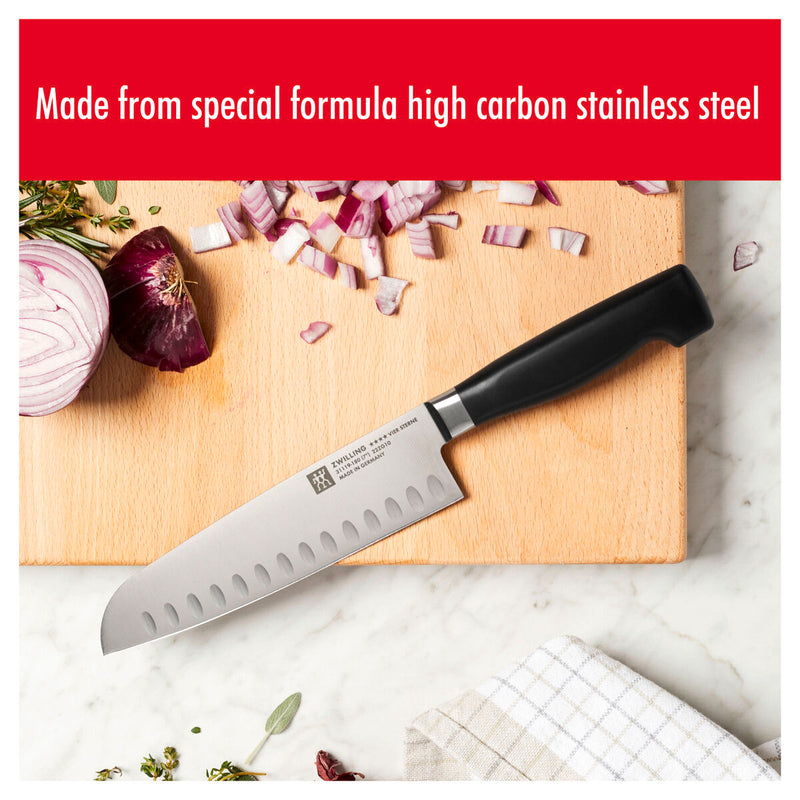 **** VIER STERNE Santoku mit Kullen 18 cm, Kullenschliff