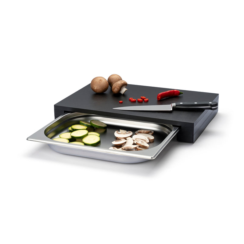 Schneidebrett mit Edelstahl-Schublade, Duracore schwarz 39x27x5 cm