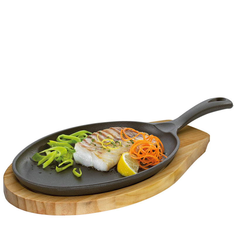 Servierpfanne oval mit Holzbrett