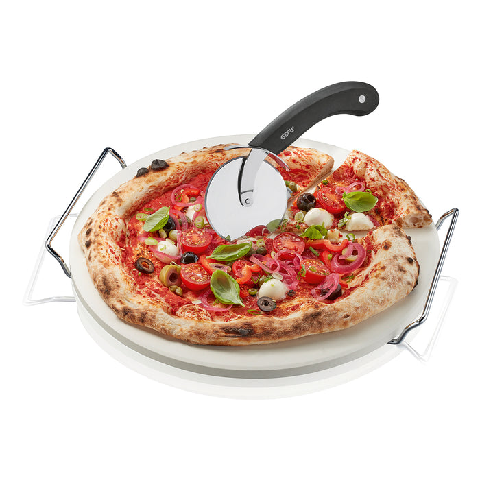 Pizzastein mit Gestell + Pizzaschneider Darioso rund