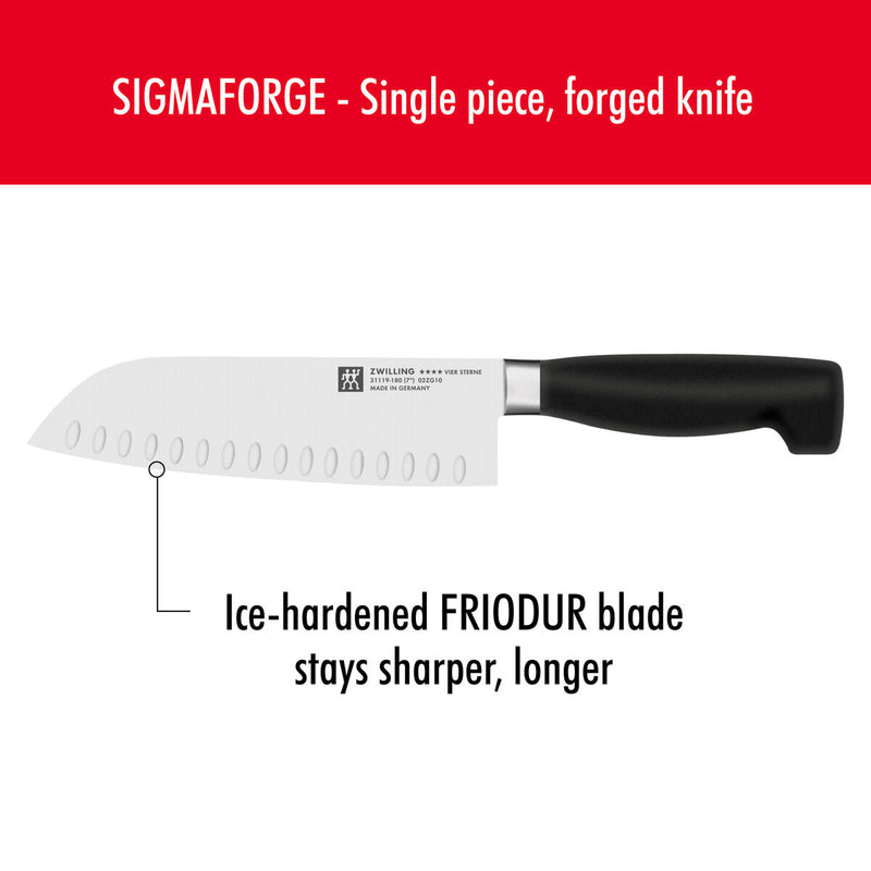 **** VIER STERNE Santoku mit Kullen 18 cm, Kullenschliff