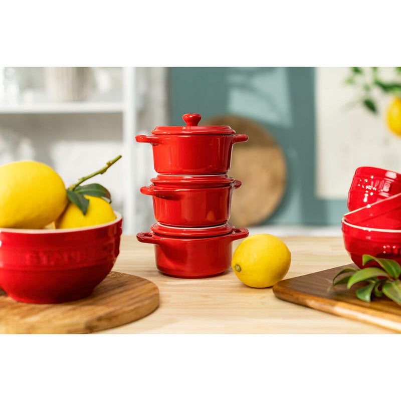 Ceramique Cocotte Set 4-tlg, rund, Kirsch-Rot, Keramik