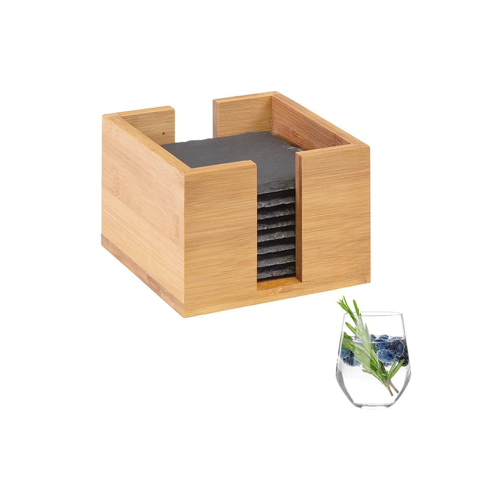 Naturschiefer-Untersetzer in Bambusbox 10x10cm 8Stück