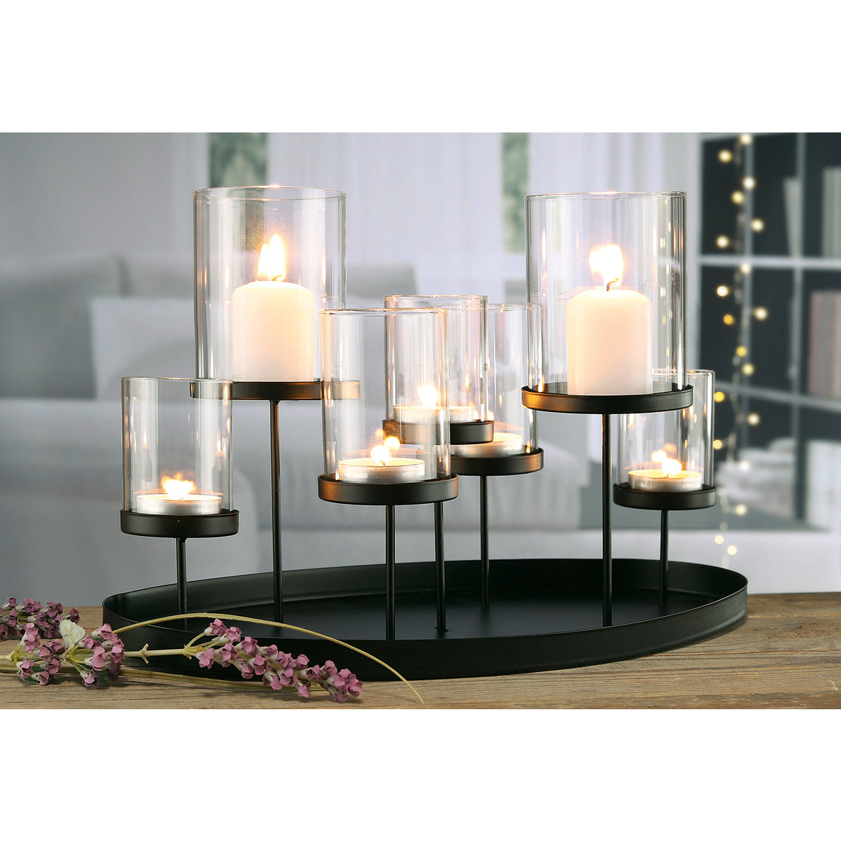 Haushaltswaren 34,5x20x23cm Kerzen 7 Metall Glas Lorey - schwarz für für Fachgeschäft mit Kerzenhalter